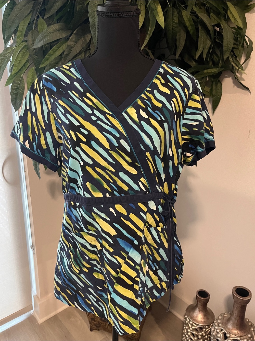Koi Navy Wrap-Front Tunic with Yellow, Aqua & Teal Accents Scrub Top